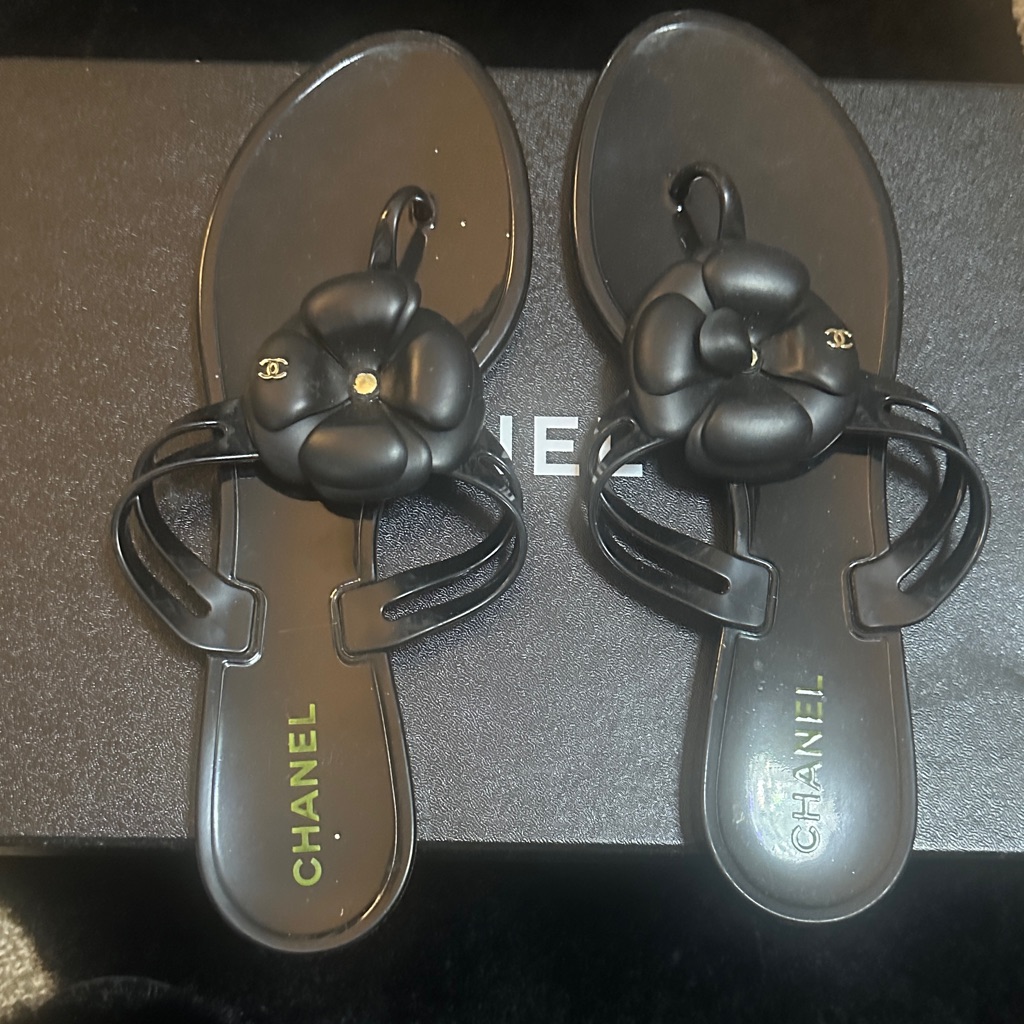 Chanel Black Camellia Jelly Toe-Ring Slide Sandals